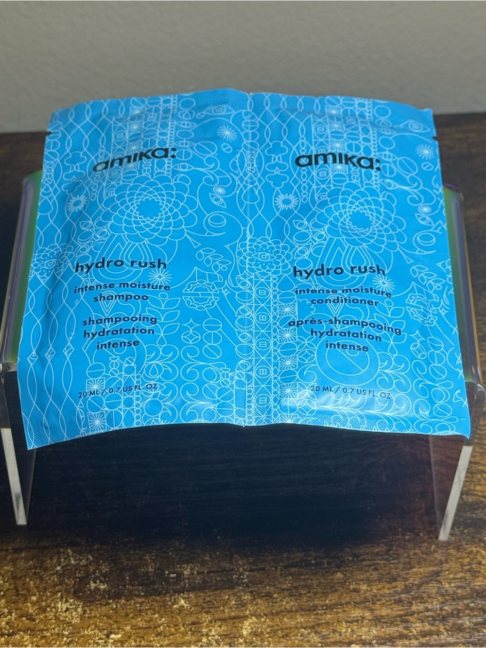 amika Hydro Rush Intense Moisture shampoo and conditioner trial packet